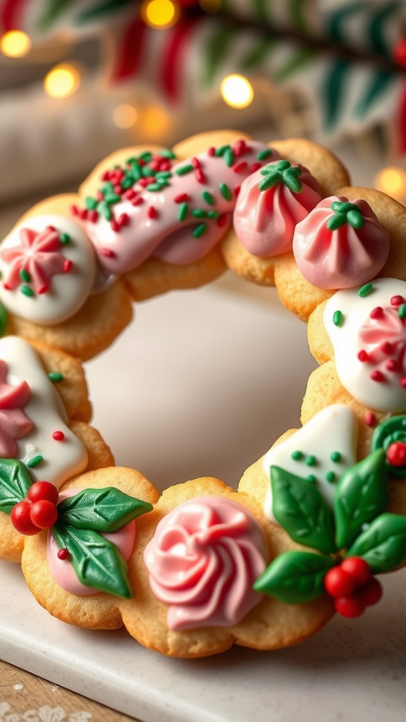 A decorative holiday cookie wreath with colorful icing and sprinkles on a festive table.